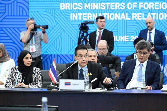 Foreign minister Maris Sangiampongsa delivers a statement during the BRICS Ministers of Foreign Affairs/International Relations Meeting in Nizhny Novgorod, Russia on June 11, 2024. Photo: Ministry of Foreign Affairs / Facebook